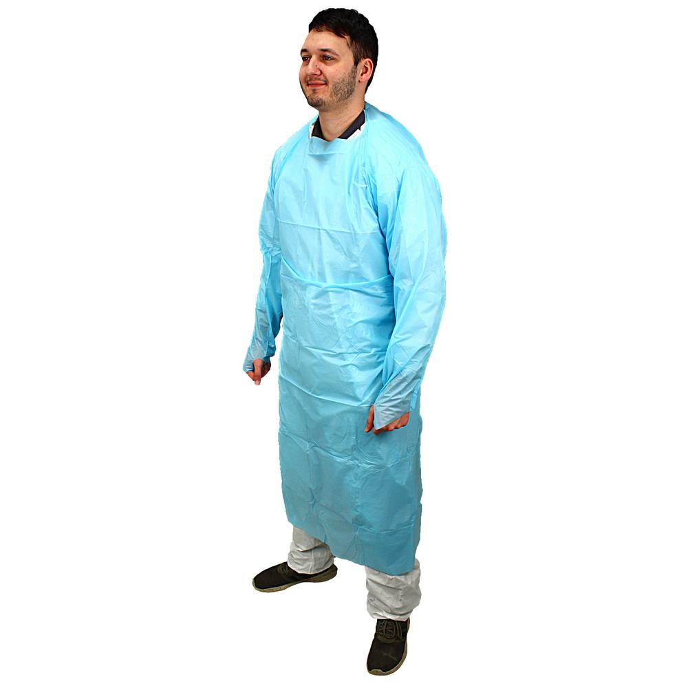 MCPE-55B Supply Source Safety Zone® 55-inch long CPE Gowns w/ Thump-Loops, 1.75-Mil (Blue) (100ct) 